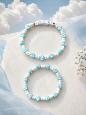 Faith in Blue Jesus & Cross Stretch Bracelet Set – 2-Piece Christian Jewelry 8”